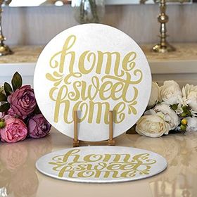 RealHomes Hardal Renk Home Sweet Home Dijital Baskılı Modern 2 1 Yuvarlak Servis Altlığı Supla