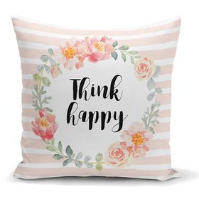 Realhomes K2086 Çiçek Motifli Think Happy Baskılı Yastık Kırlent Kılıfı