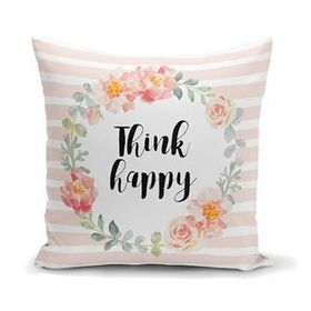 Realhomes K2086 Çiçek Motifli Think Happy Baskılı Yastık Kırlent Kılıfı