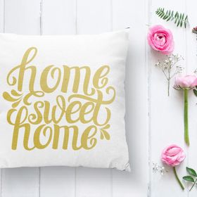 RealHomes K2558 Hardal Renk Home Sweet Home Dijital Baskılı Kırlent Kılıfı