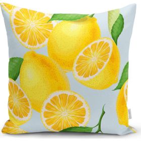RealHomes K3101 Mavi Zeminli Limon Desenli Dekoratif Kırlent Kılıfı