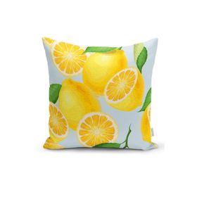 RealHomes K3101 Mavi Zeminli Limon Desenli Dekoratif Kırlent Kılıfı