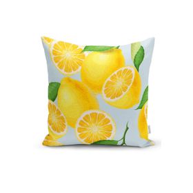 RealHomes K3101 Mavi Zeminli Limon Desenli Dekoratif Kırlent Kılıfı