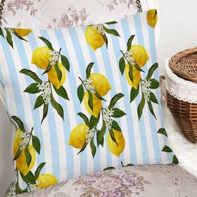 RealHomes K3106 Mavi Çizgili Limon Desenli Dijital Baskılı Dekoratif Kırlent Kılıfı