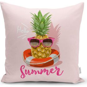 RealHomes K3263 Pembe Zeminli Summer Ananas Desenli Kırlent Kılıfı