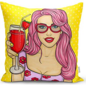 RealHomes K3287 Sarı Zeminli Popart Girl Desenli Dekoratif Kırlent Kılıfı