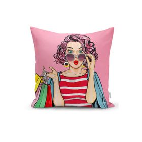 RealHomes K3289 Pembe Zeminli Popart Desenli Dekoratif Kırlent Kılıfı