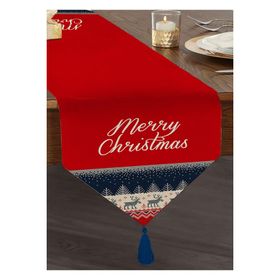Realhomes Kanaviçe Desende Christmas Teması Dijital Baskılı Özel Tasarım Püsküllü Şönil Üçgen Runner