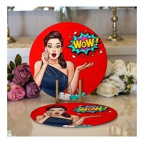 RealHomes Kırmızı Zeminli Popart Wow Desenli Modern 2 1 Yuvarlak Servis Altlığı Supla