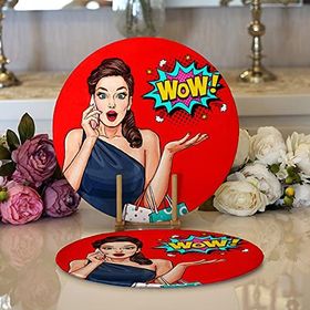 RealHomes Kırmızı Zeminli Popart Wow Desenli Modern 2 1 Yuvarlak Servis Altlığı Supla