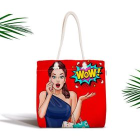 RealHomes Kırmızı Zeminli Popart Wow Desenli Modern Fermuarlı Kumaş Çanta