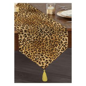 Realhomes Leopar Desenli Dijital Baskılı Dekoratif Özel Tasarım Püsküllü Şönil Üçgen Runner