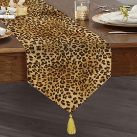 Realhomes Leopar Desenli Dijital Baskılı Dekoratif Özel Tasarım Püsküllü Şönil Üçgen Runner