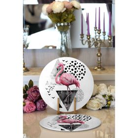 RealHomes Martı Desenli Flamingo Temalı Dijital Baskılı Modern 2'li Yuvarlak Servis Altlığı Supla