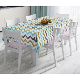 RealHomes Mavi Gri Gold Zigzag Desenli Özel Tasarımlı Leke Tutmaz 120x140 cm Masa Örtüsü