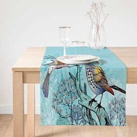 Realhomes Mavi Kuş Desenli Dijital Baskılı Dekoratif Süet Runner