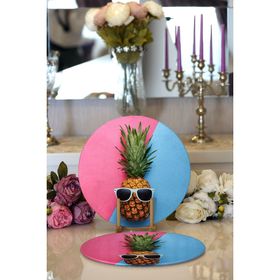 RealHomes Mavi Pembe Ananas Desenli Modern 2 1 Yuvarlak Servis Altlığı Supla