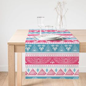 Realhomes Mavi Pembe Etnik Desenli Dekoratif Süet Runner