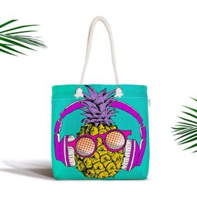 RealHomes Mavi Zeminde Ananas Desenli Dijital Baskılı Fermuarlı Kumaş Çanta