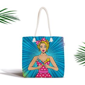 RealHomes Mavi Zemini Popart Girl Desenli Fermuarlı Modern Kumaş Çanta