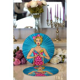 RealHomes Mavi Zemini Popart Girl Desenli Modern 2 1 Yuvarlak Servis Altlığı Supla