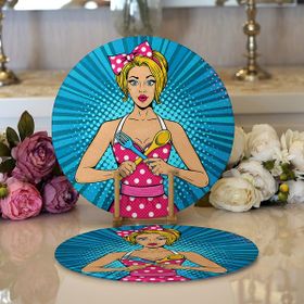 RealHomes Mavi Zemini Popart Girl Desenli Modern 2 1 Yuvarlak Servis Altlığı Supla