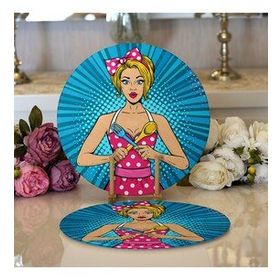 RealHomes Mavi Zemini Popart Girl Desenli Modern 2 1 Yuvarlak Servis Altlığı Supla
