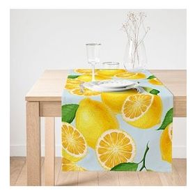 Realhomes Mavi Zeminli Limon Desenli Dekoratif Süet Runner