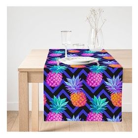 Realhomes Mavi Zigzag Zeminli Ananas Desenli Dekoratif Süet Runner