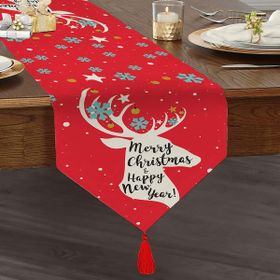 Realhomes Merry Christmas Geyik Desenli Dekoratif Özel Tasarım Püsküllü Şönil Üçgen Runner