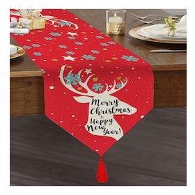 Realhomes Merry Christmas Geyik Desenli Dekoratif Özel Tasarım Püsküllü Şönil Üçgen Runner