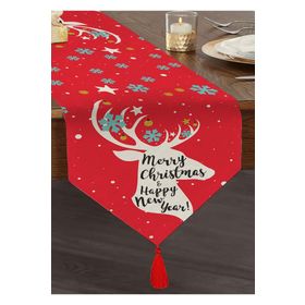 Realhomes Merry Christmas Geyik Desenli Dekoratif Özel Tasarım Püsküllü Şönil Üçgen Runner