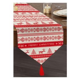 Realhomes Merry Christmas Kanaviçe Görünümlü Geyikler Baskılı Özel Tasarım Püsküllü Şönil Üçgen Runner