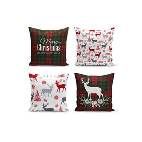 Realhomes Merry Christmas Temalı Geyik Motifli 4'lü Yastık Kırlent Kılıfı