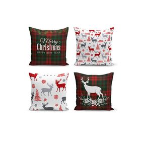 Realhomes Merry Christmas Temalı Geyik Motifli 4'lü Yastık Kırlent Kılıfı