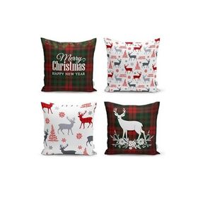 Realhomes Merry Christmas Temalı Geyik Motifli 4'lü Yastık Kırlent Kılıfı