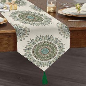 Realhomes Modern Damask Desenli Dijital Baskılı Dekoratif Püsküllü Şönil Üçgen Runner
