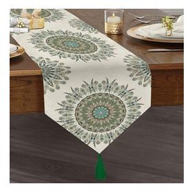 Realhomes Modern Damask Desenli Dijital Baskılı Dekoratif Püsküllü Şönil Üçgen Runner