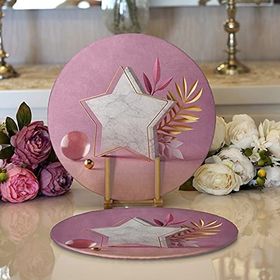 RealHomes Modern Pembe Zeminli 3D Yıldız Desenli 2 1 Yuvarlak Servis Altlığı Supla