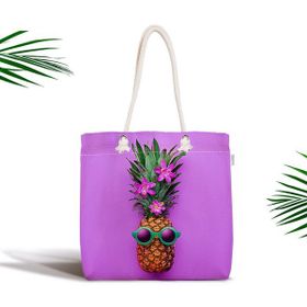 RealHomes Mor Zeminde Ananas Desenli Modern Fermuarlı Kumaş Çanta