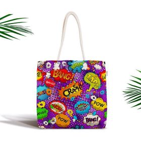 RealHomes Mor Zeminli Pop Art Özel Tasarım Dijital Baskılı Fermuarlı Kumaş Çanta
