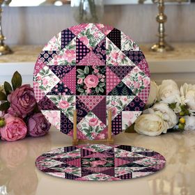 RealHomes Mürdüm Renk Patchwork Desenli Modern 2 1 Yuvarlak Servis Altlığı Supla