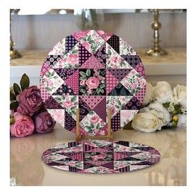 RealHomes Mürdüm Renk Patchwork Desenli Modern 2 1 Yuvarlak Servis Altlığı Supla