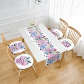 RealHomes Ortanca Çiçek Motifli 4 Yuvarlak Pofidik Sandalye Minderi ve 1 Runner Seti