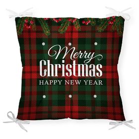 RealHomes P3036 Ekose Zeminde Merry Christmas Baskılı Dekoratif Pofidik Sandalye Minderi