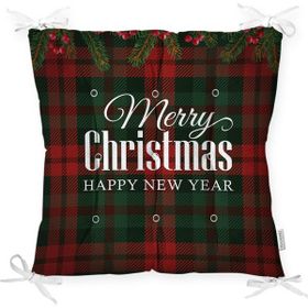 RealHomes P3036 Ekose Zeminde Merry Christmas Baskılı Dekoratif Pofidik Sandalye Minderi