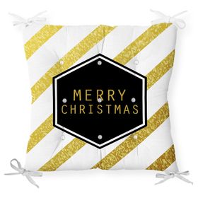 RealHomes P3065 Altın Şeritli Merry Christmas Desenli Dekoratif Pofidik Sandalye Minderi