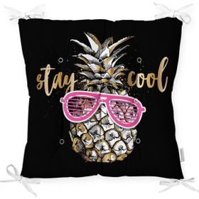 RealHomes P3228 Siyah Zeminde Cool Ananas Desenli Modern Pofidik Sandalye Minderi