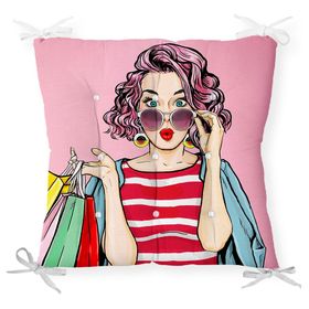 RealHomes P3289 Pembe Zeminli Popart Desenli Dekoratif Pofidik Sandalye Minderi