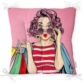 RealHomes P3289 Pembe Zeminli Popart Desenli Dekoratif Pofidik Sandalye Minderi